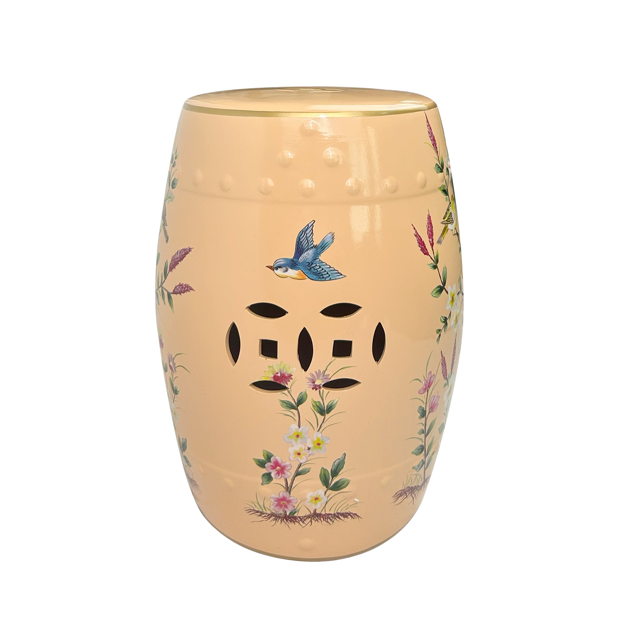 Hand-Painted Peach Ceramic Stool with Floral and Bird Motifs & Geometric Cut-outs