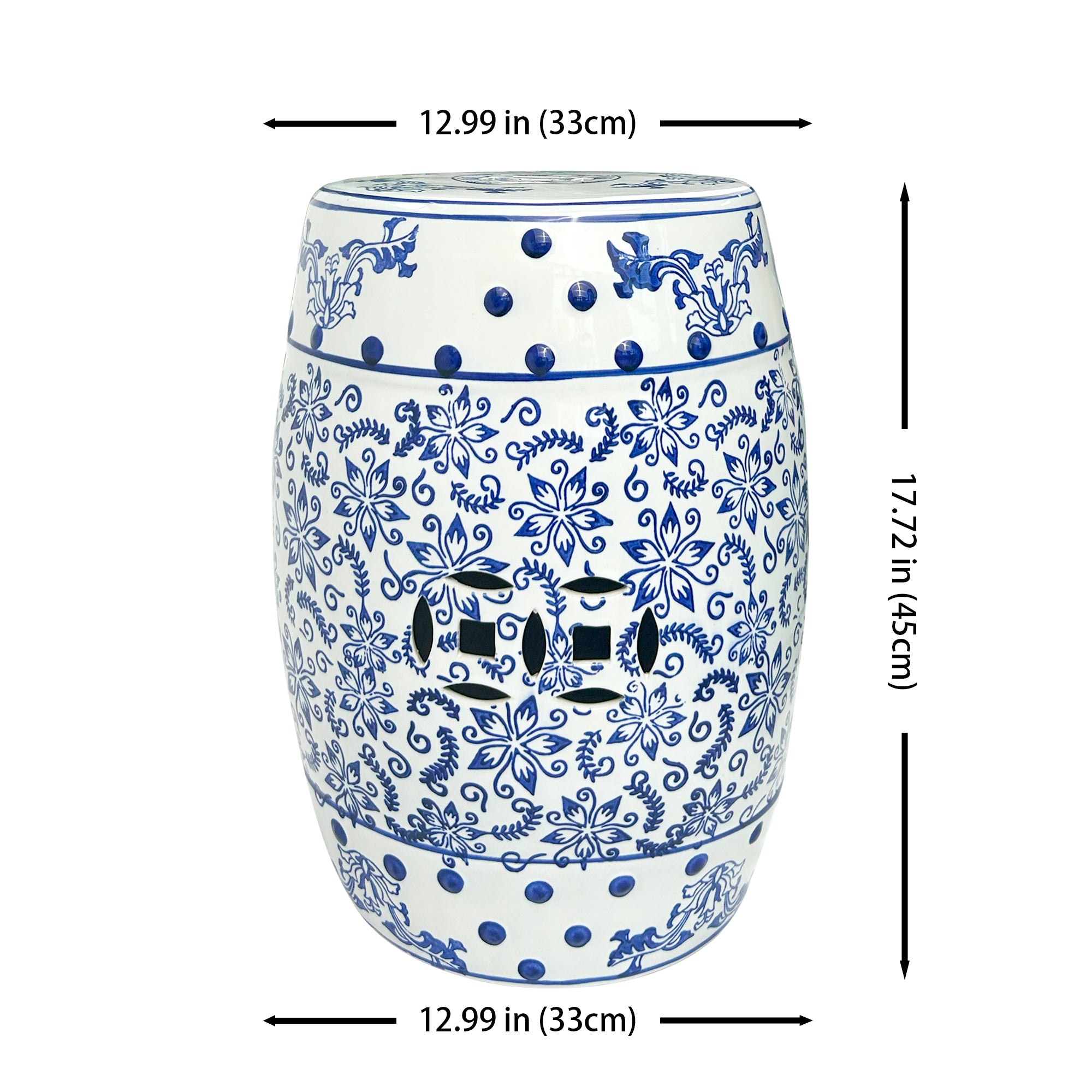 Blue - and - White Porcelain Drum Stool with Interlocking Branch Pattern