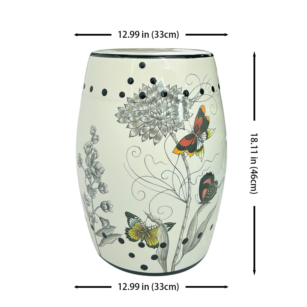 Butterfly & Floral Ceramic Drum Stool