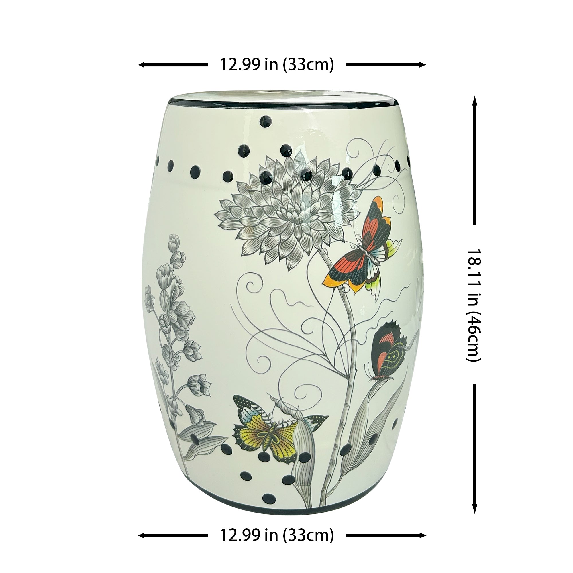 Butterfly & Floral Ceramic Drum Stool