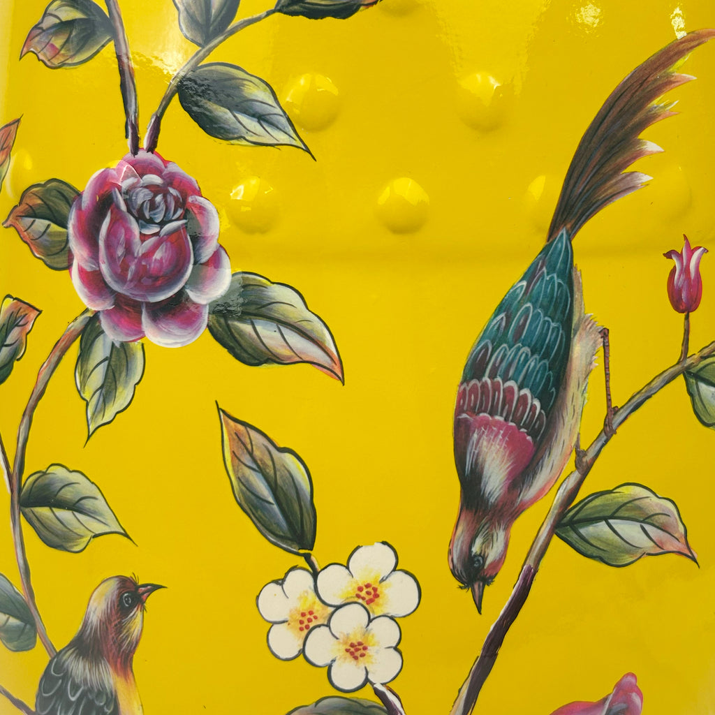 Vibrant Yellow Ceramic Drum Stool with Exquisite Floral Patterns and Decorative Perforations