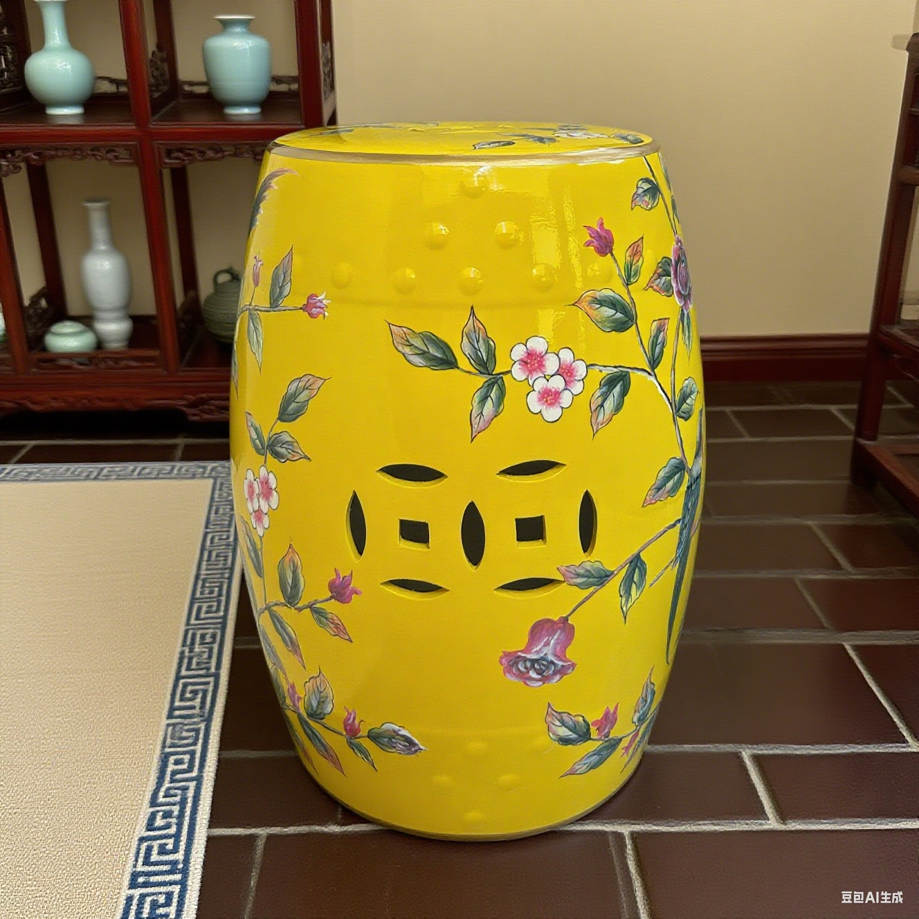 Vibrant Yellow Ceramic Drum Stool with Exquisite Floral Patterns and Decorative Perforations