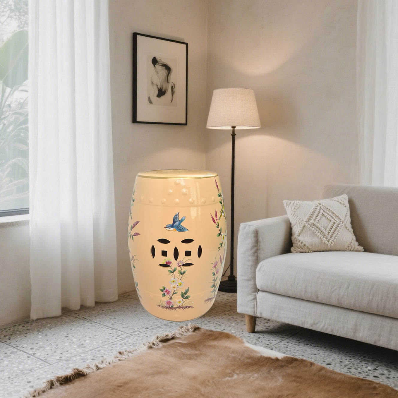 Hand-Painted Peach Ceramic Stool with Floral and Bird Motifs & Geometric Cut-outs