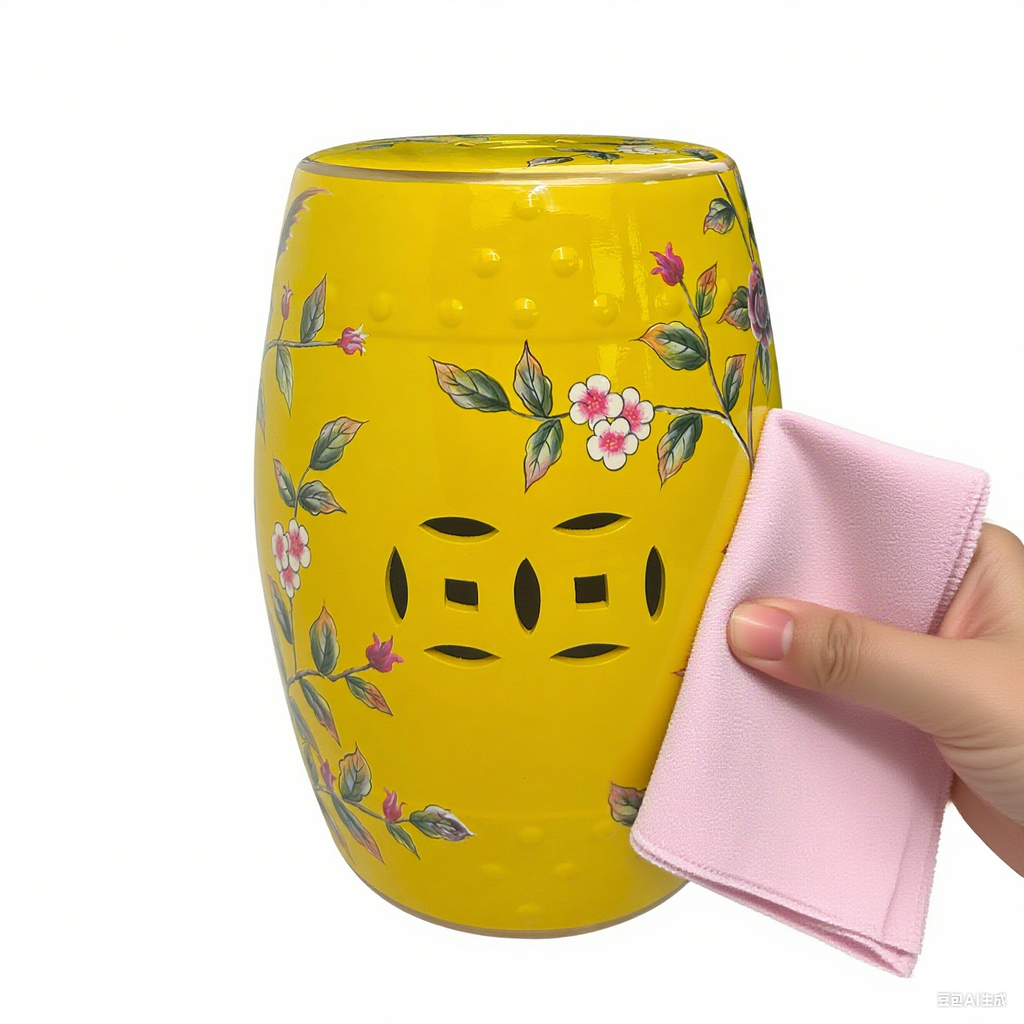 Vibrant Yellow Ceramic Drum Stool with Exquisite Floral Patterns and Decorative Perforations