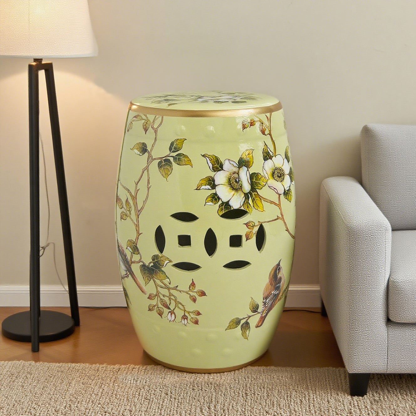 Vintage-inspired Light Green Ceramic Drum Stool with Floral and Bird Motifs & Decorative Cut-outs