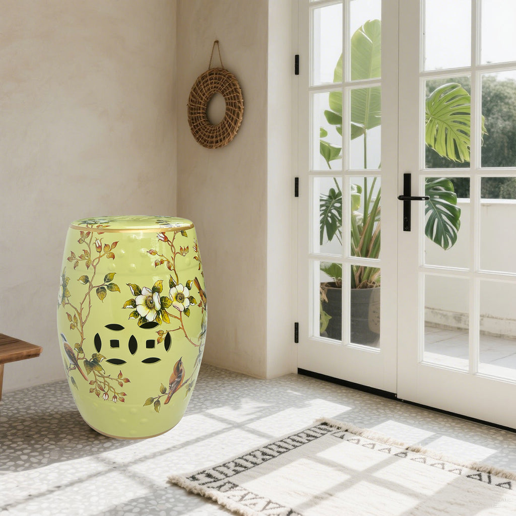 Vintage-inspired Light Green Ceramic Drum Stool with Floral and Bird Motifs & Decorative Cut-outs