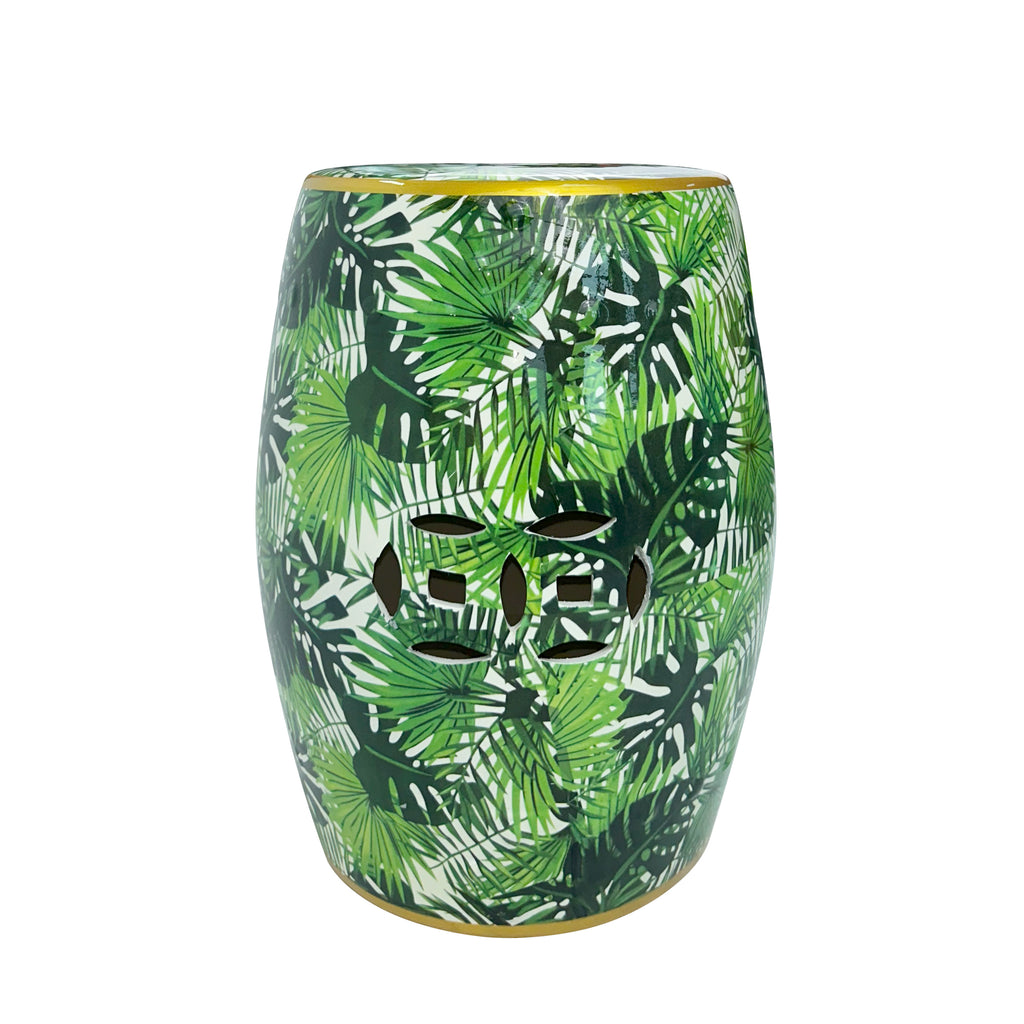 Tropical Leaf Ceramic Drum Stool