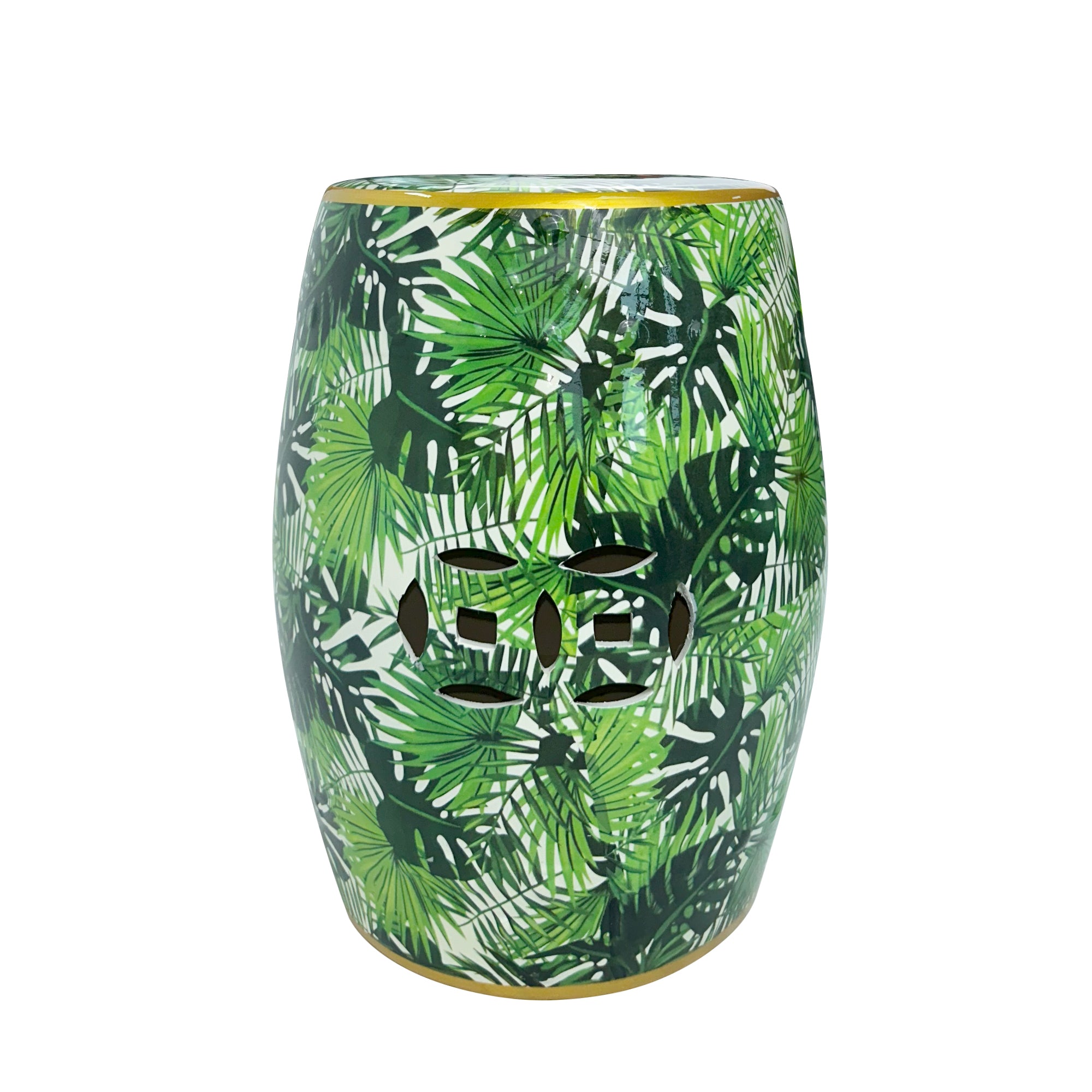 Tropical Leaf Ceramic Drum Stool