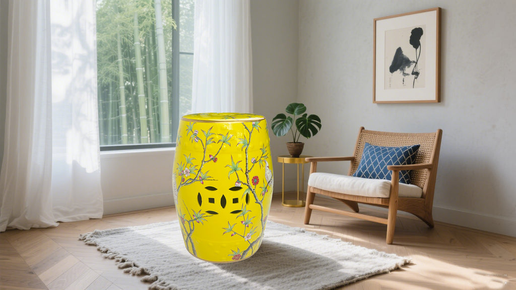 Bright Yellow Ceramic Drum Stool Featuring Blossom Branches and Birds with Decorative Cut-outs