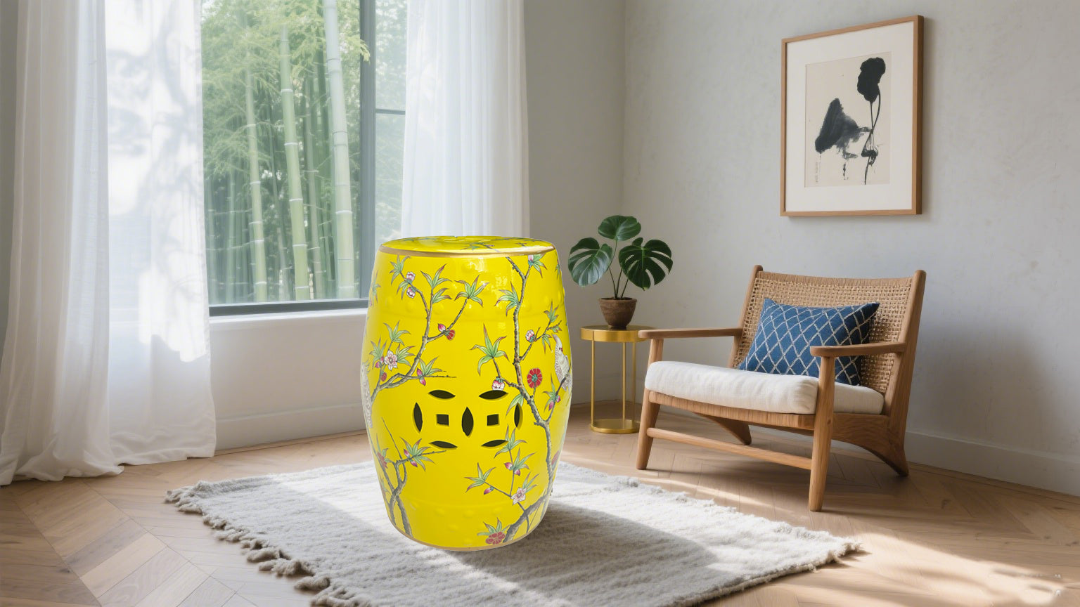 Bright Yellow Ceramic Drum Stool Featuring Blossom Branches and Birds with Decorative Cut-outs