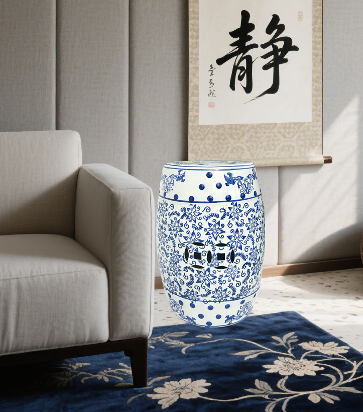 Blue - and - White Porcelain Drum Stool with Interlocking Branch Pattern