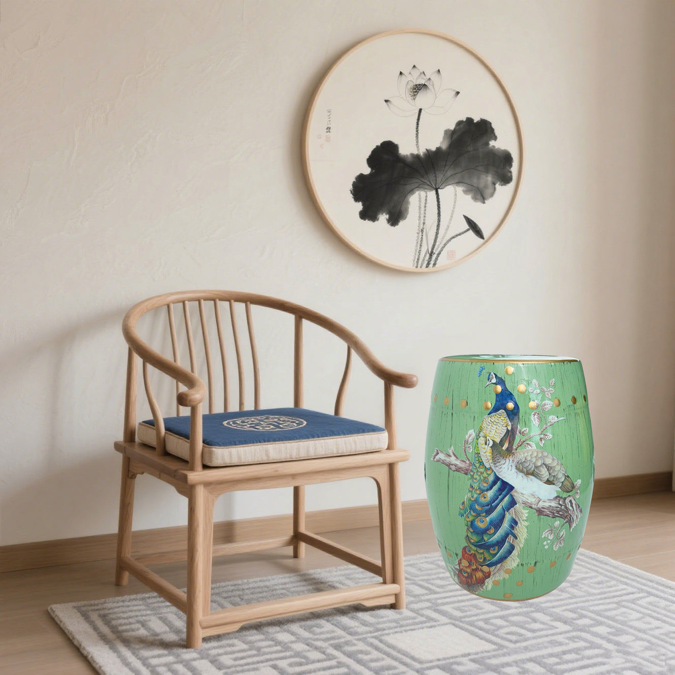Emerald Peacock Ceramic Drum Stool