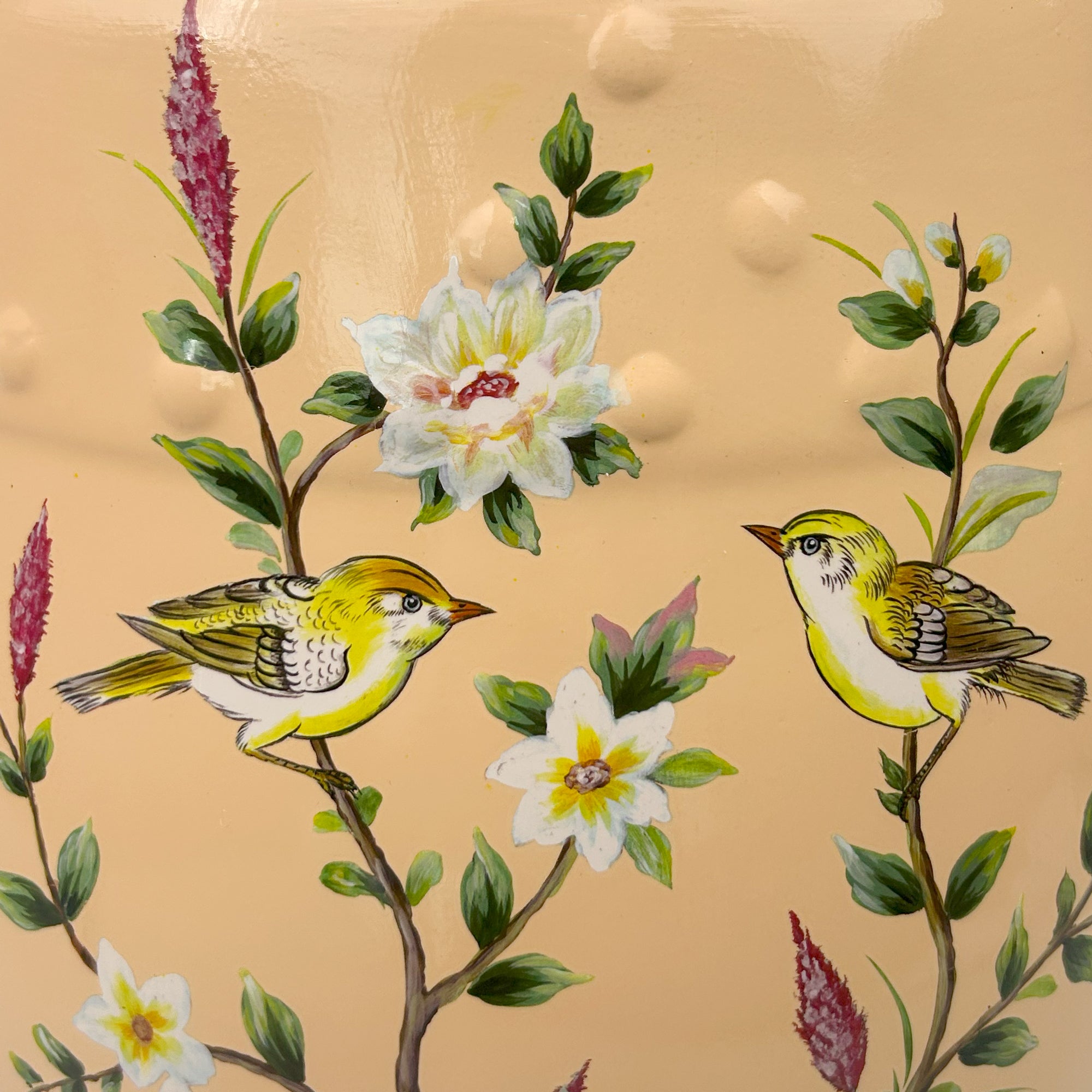 Hand-Painted Peach Ceramic Stool with Floral and Bird Motifs & Geometric Cut-outs