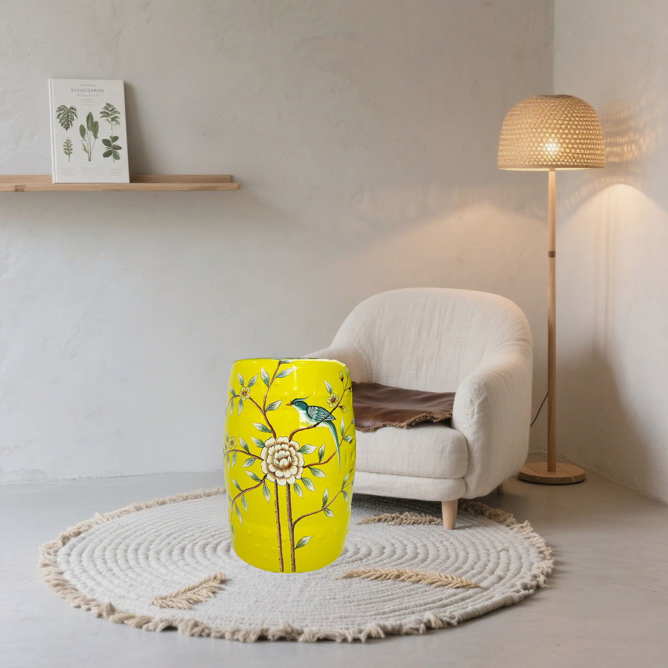 Vibrant Yellow Floral - Bird Ceramic Drum Stool