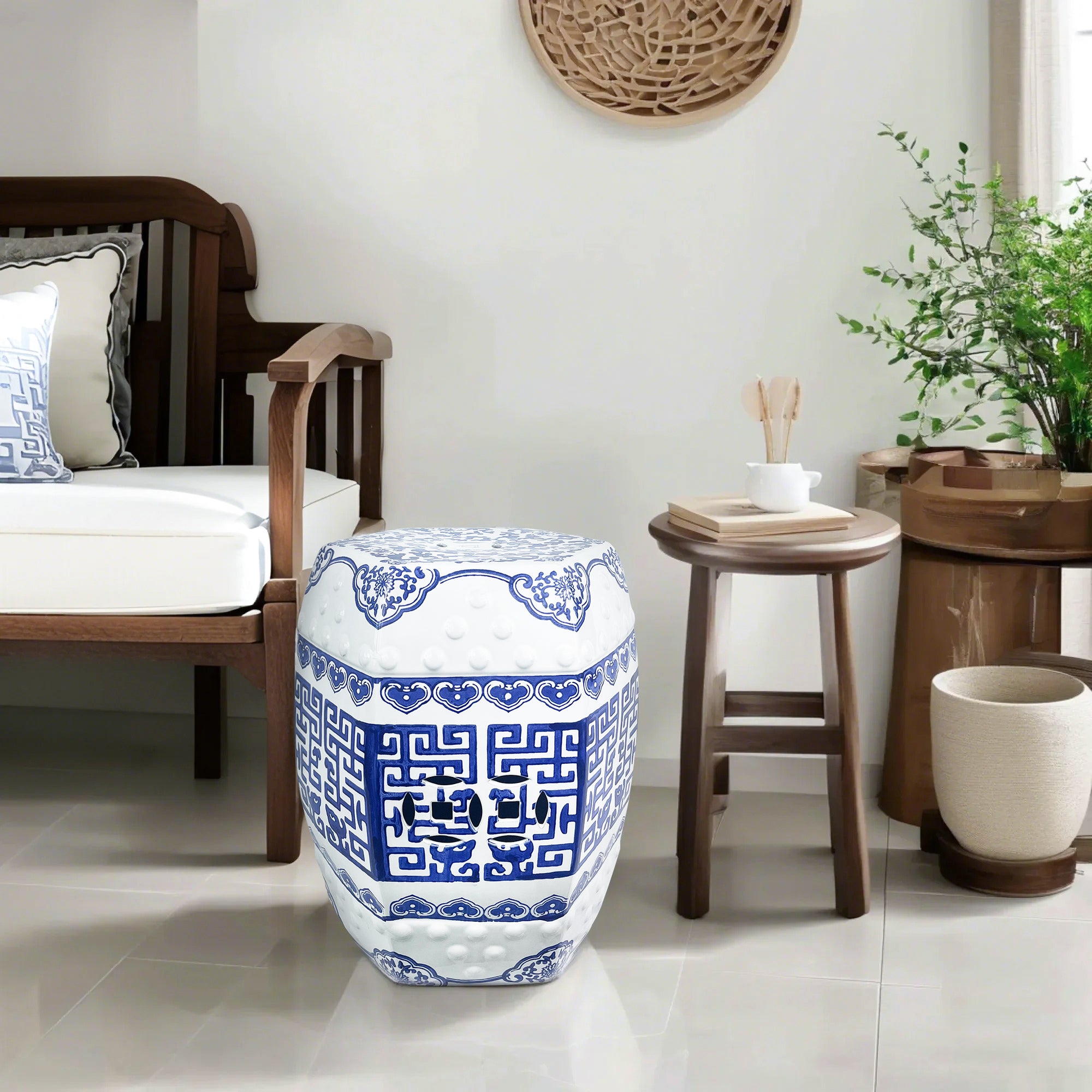 Ceramic garden stool blue and white shape pattern traditional design outdoor furniture