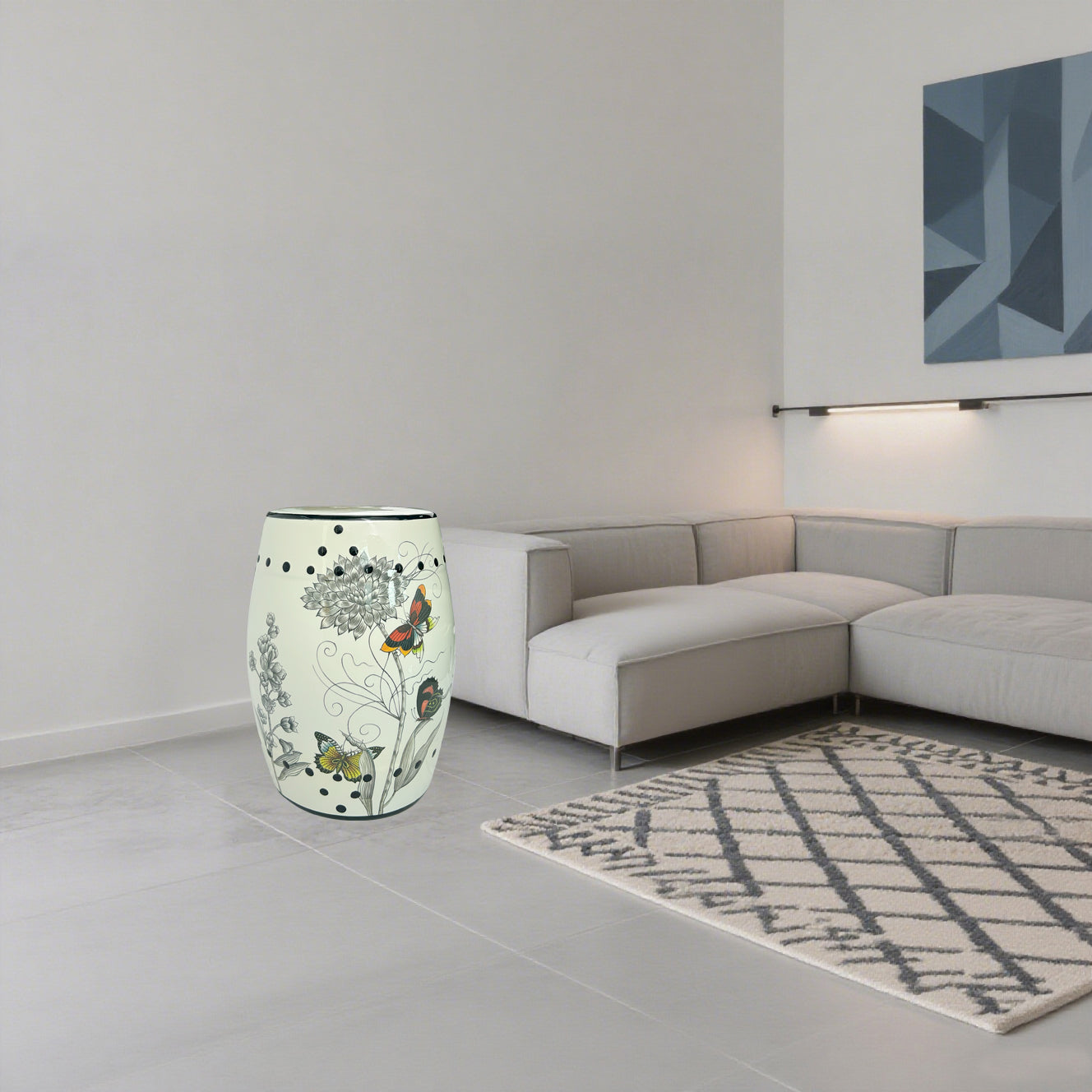 Butterfly & Floral Ceramic Drum Stool