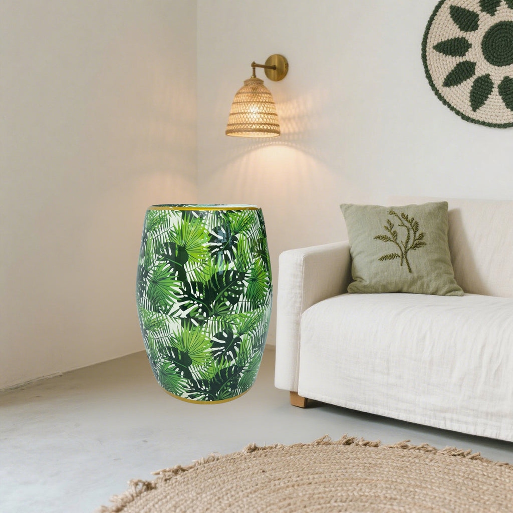 Tropical Leaf Ceramic Drum Stool