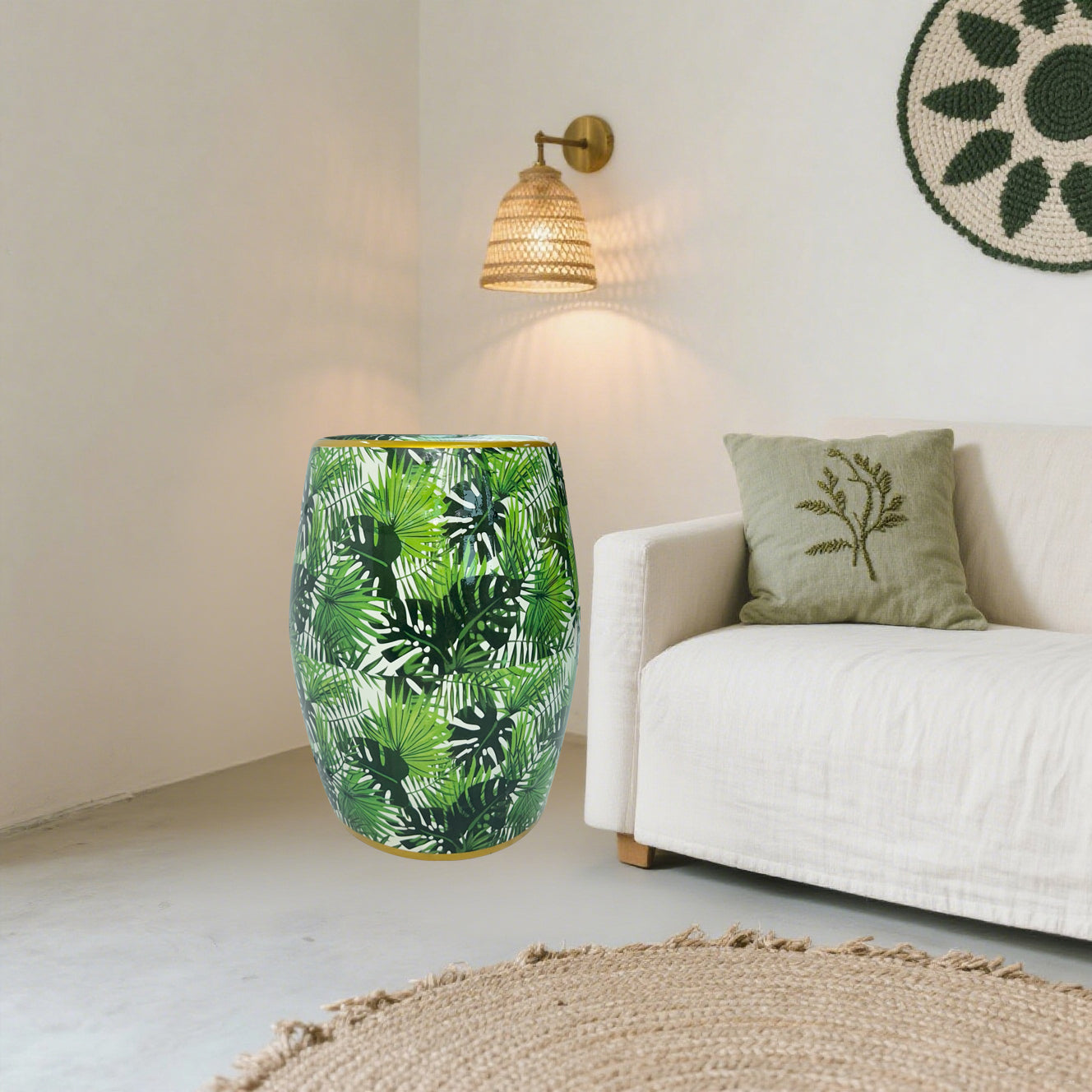 Tropical Leaf Ceramic Drum Stool