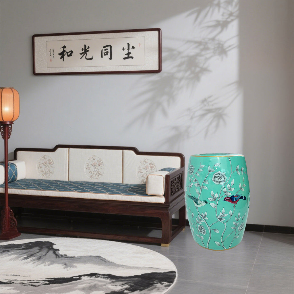 Turquoise Floral - Bird Ceramic Drum Stool