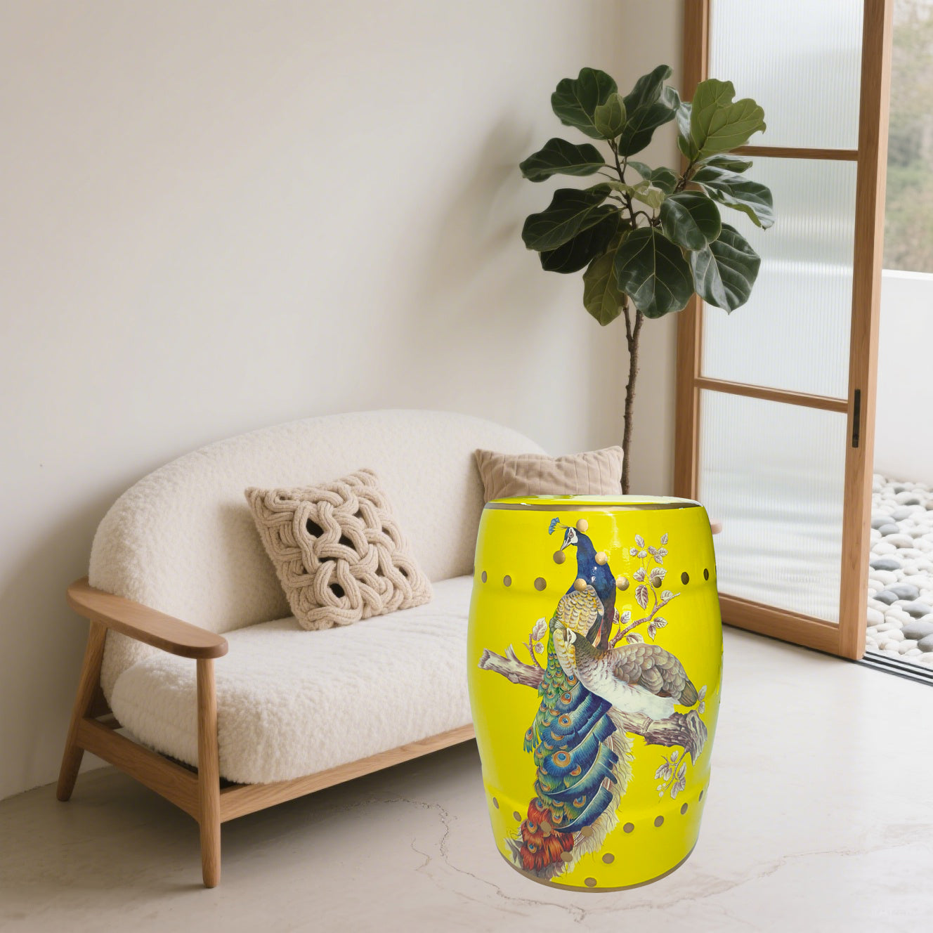 Peacock - Themed Yellow Ceramic Drum Stool