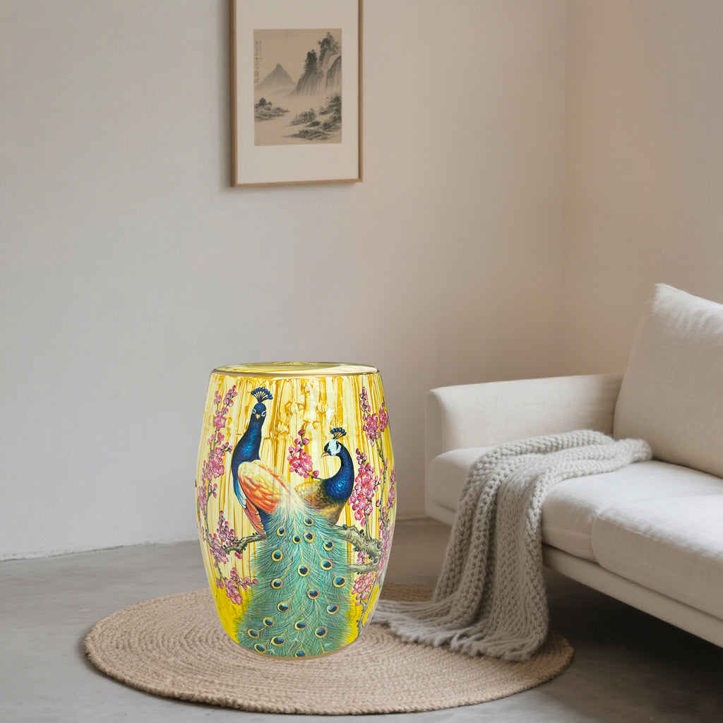Golden Peacock Ceramic Drum Stool