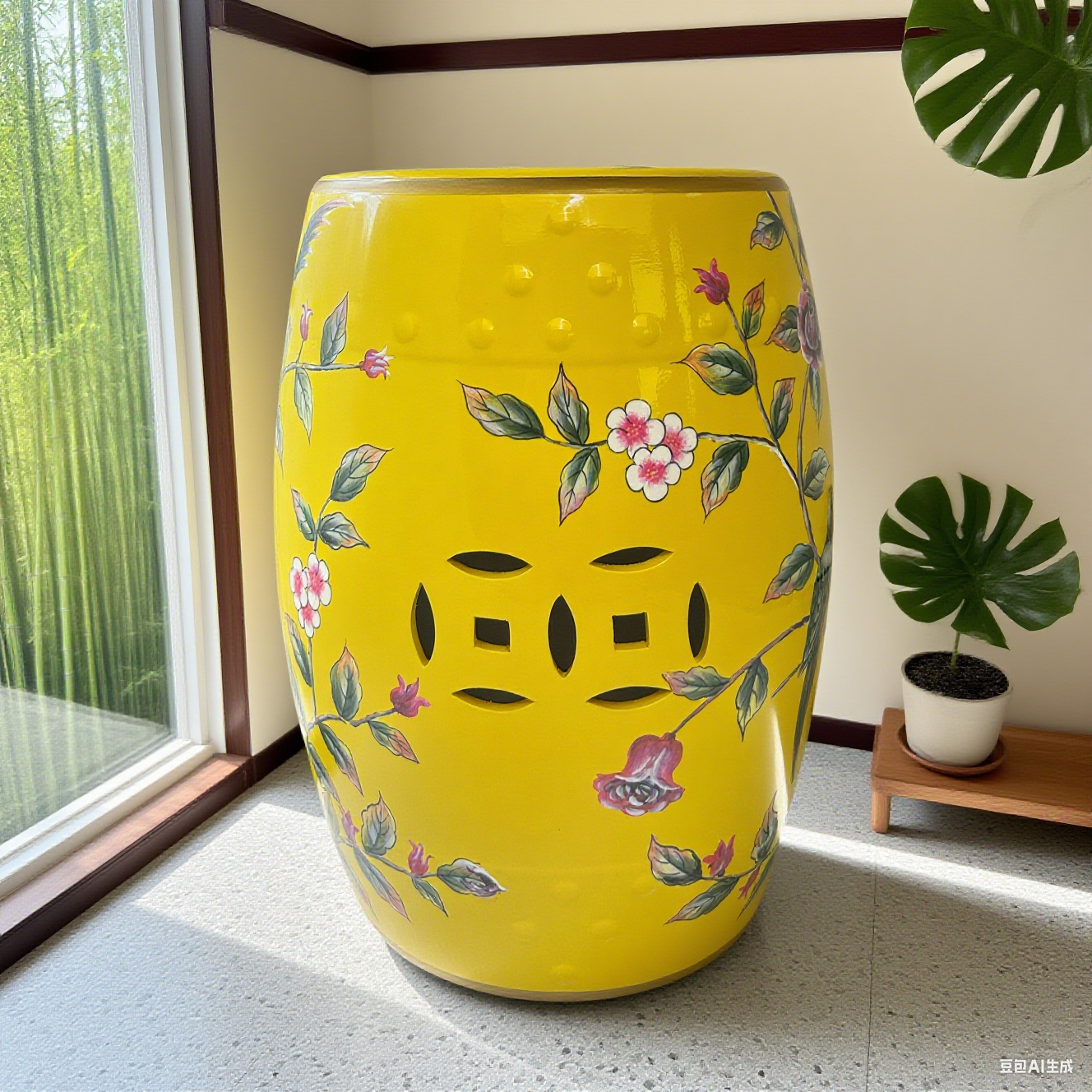 Vibrant Yellow Ceramic Drum Stool with Exquisite Floral Patterns and Decorative Perforations