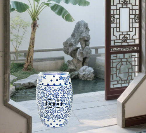 Blue - and - White Porcelain Drum Stool with Interlocking Branch Pattern