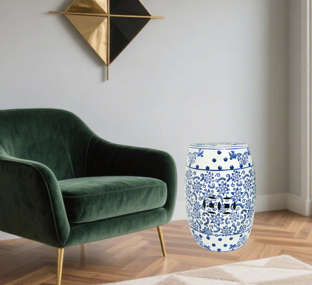 Blue - and - White Porcelain Drum Stool with Interlocking Branch Pattern