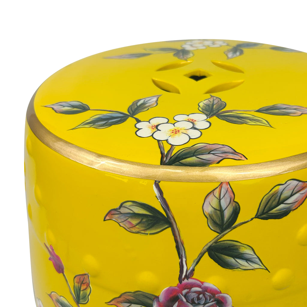 Vibrant Yellow Ceramic Drum Stool with Exquisite Floral Patterns and Decorative Perforations
