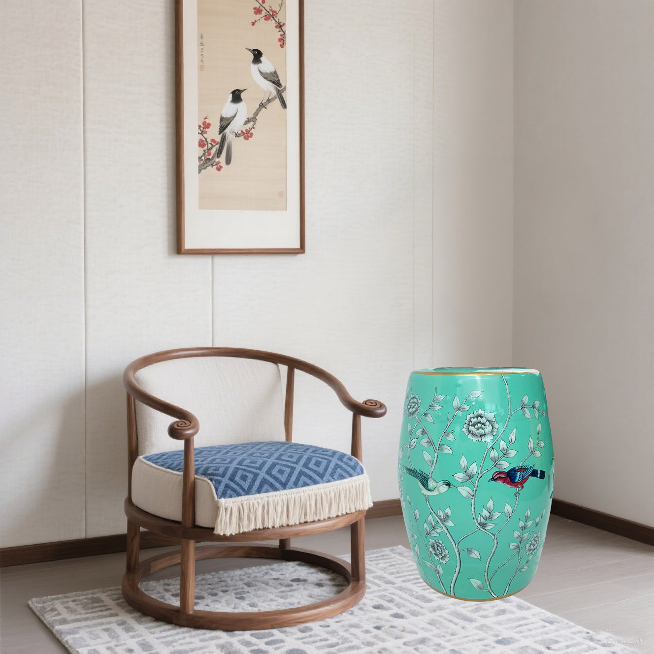 Turquoise Floral - Bird Ceramic Drum Stool