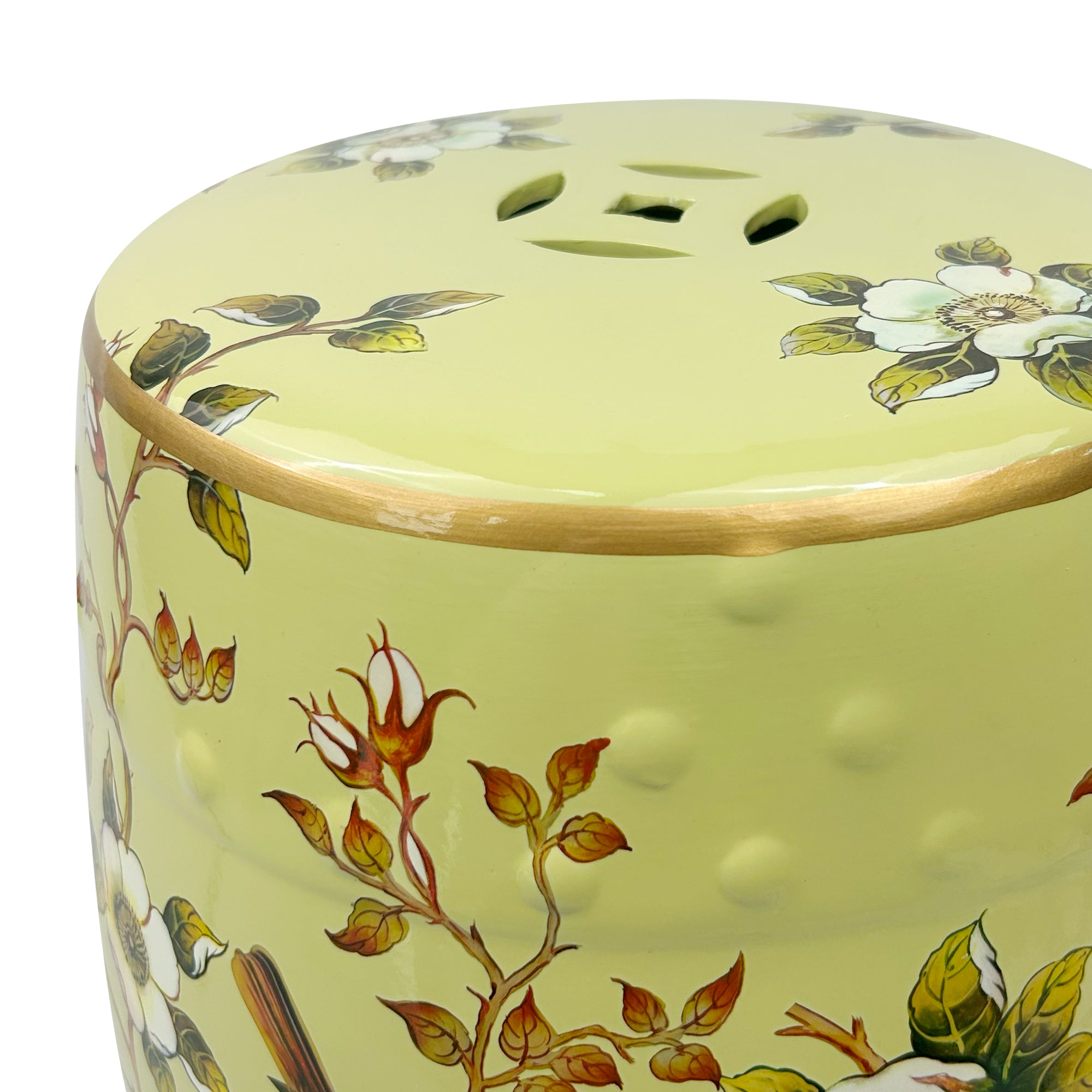 Vintage-inspired Light Green Ceramic Drum Stool with Floral and Bird Motifs & Decorative Cut-outs