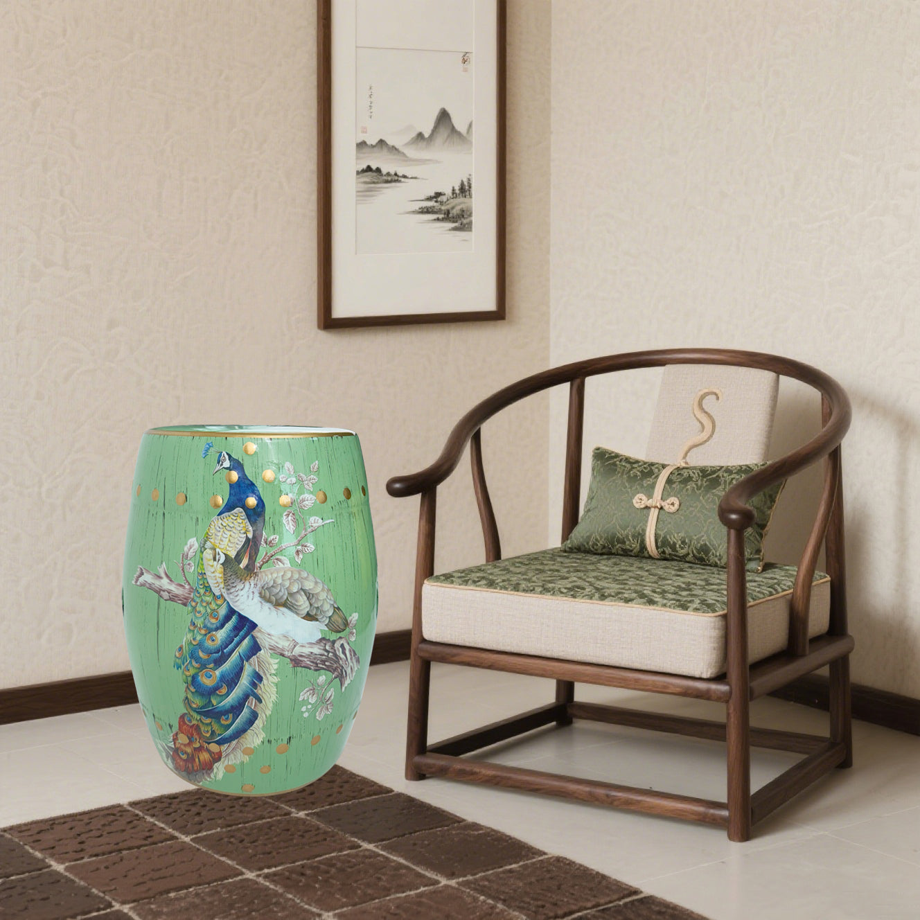 Emerald Peacock Ceramic Drum Stool
