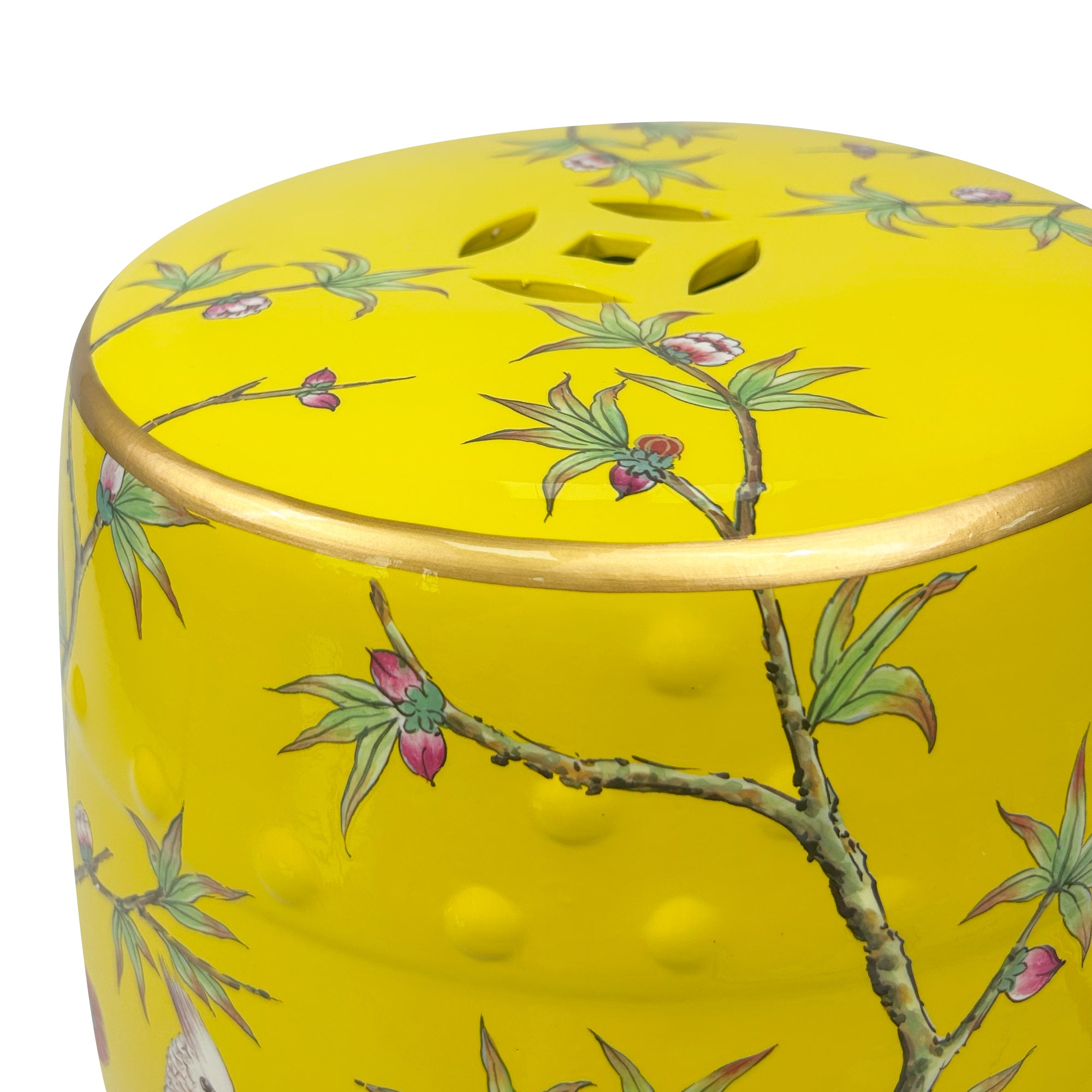 Bright Yellow Ceramic Drum Stool Featuring Blossom Branches and Birds with Decorative Cut-outs
