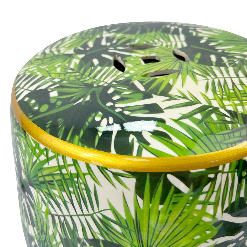 Tropical Leaf Ceramic Drum Stool