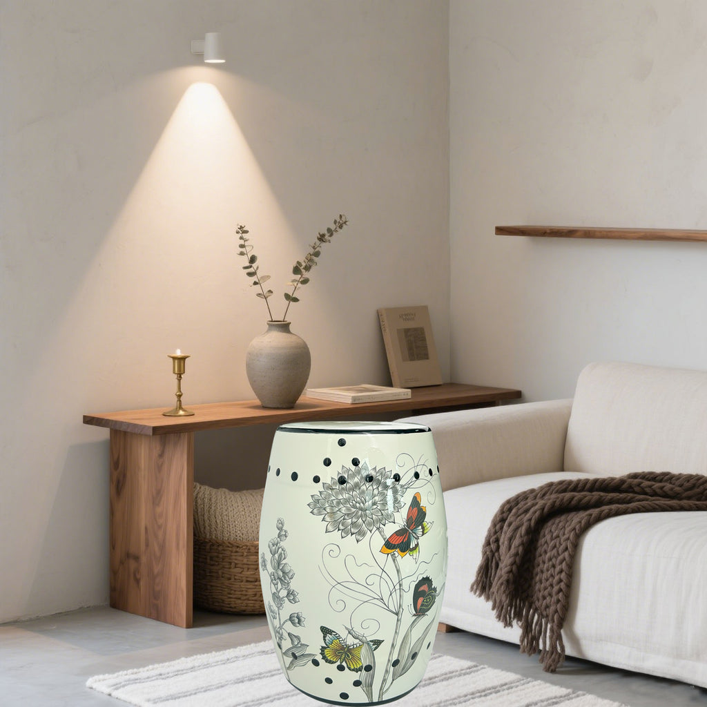 Butterfly & Floral Ceramic Drum Stool