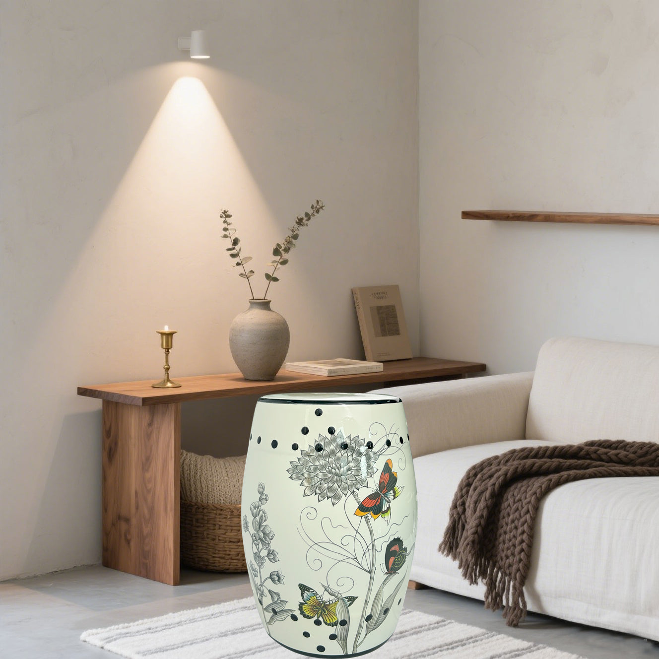 Butterfly & Floral Ceramic Drum Stool