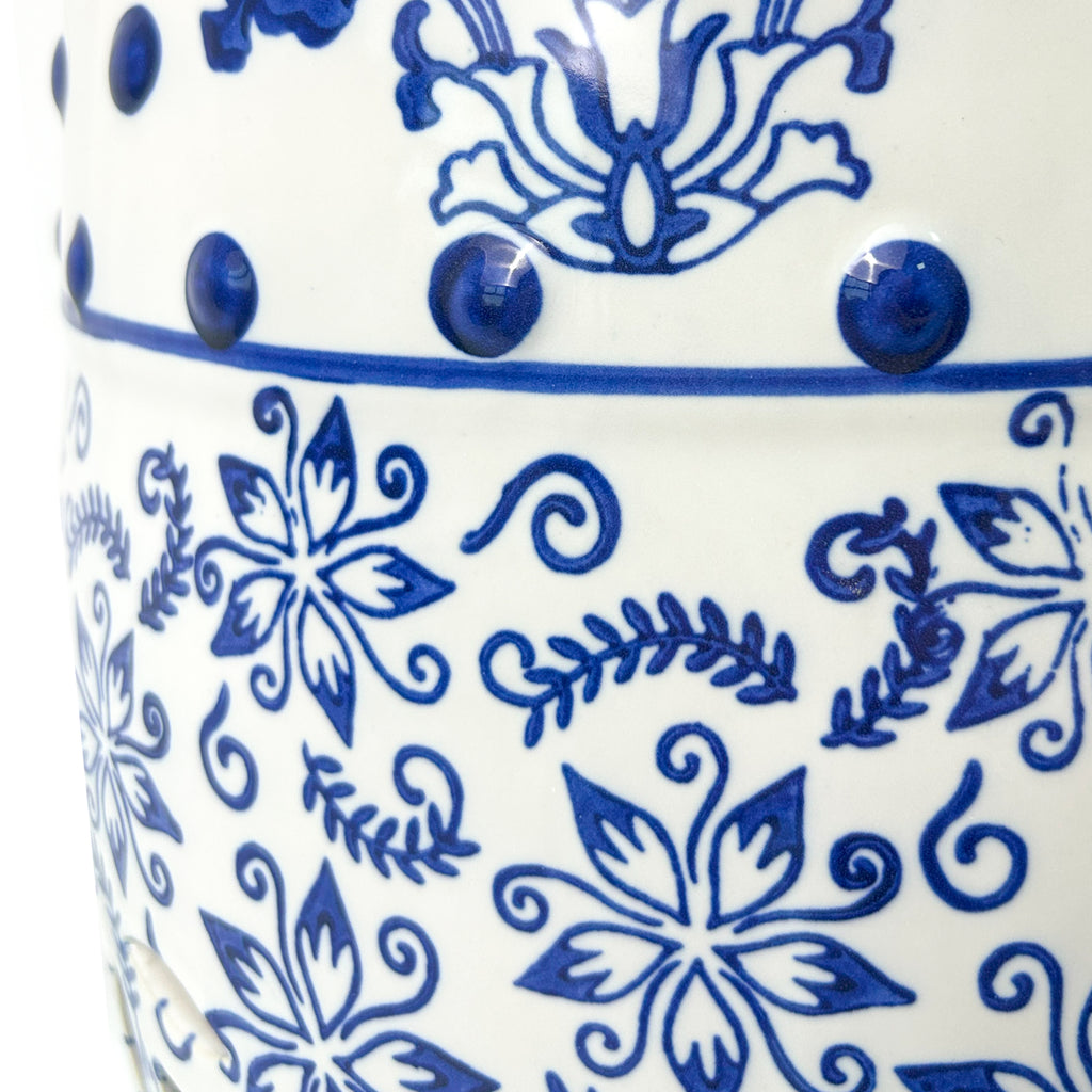 Blue - and - White Porcelain Drum Stool with Interlocking Branch Pattern