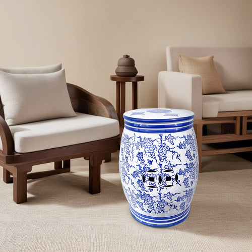 Ceramic blue flower cylindrical stool Outdoor furniture