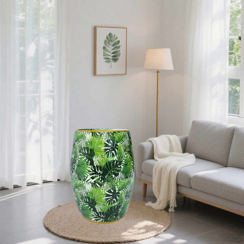 Tropical Leaf Ceramic Drum Stool