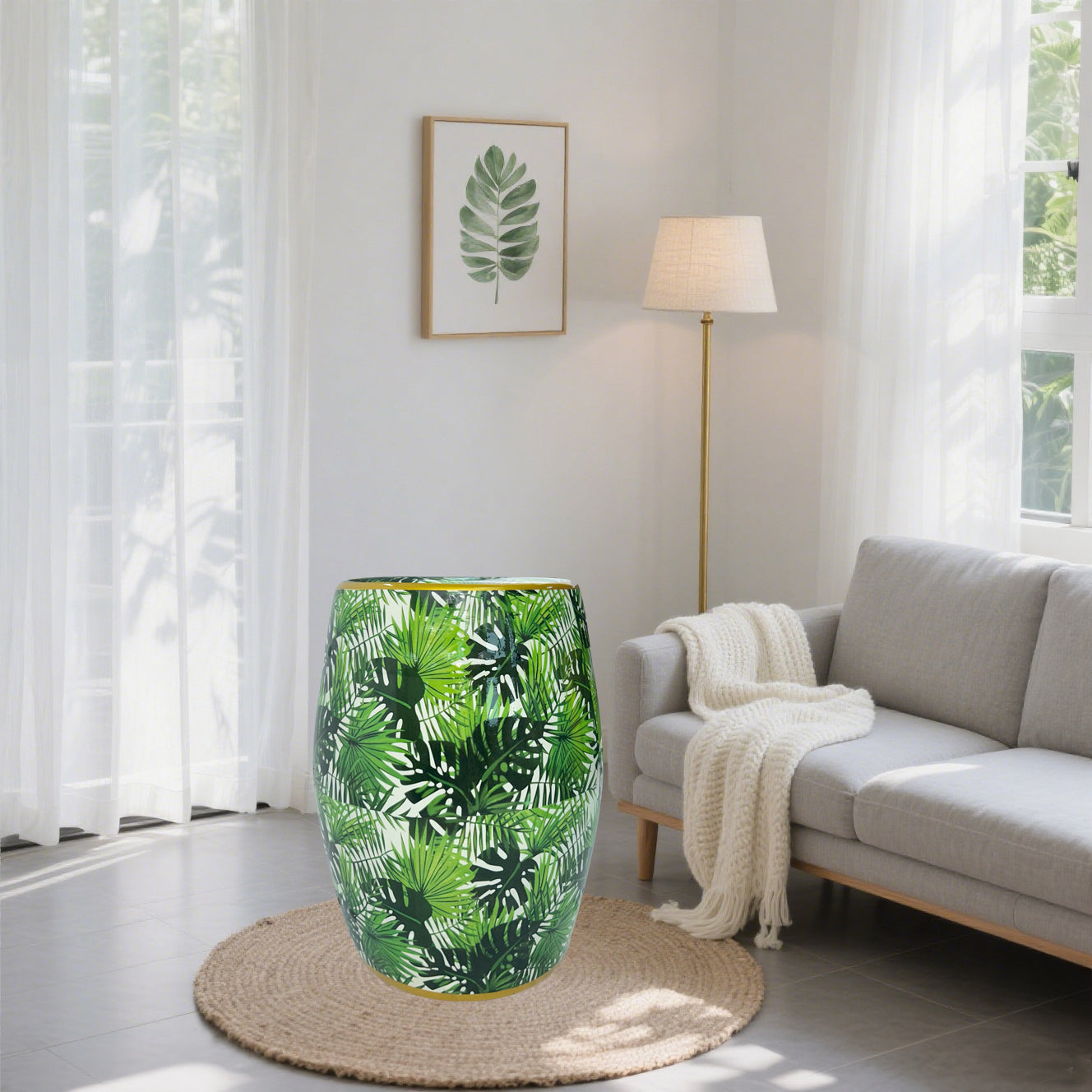 Tropical Leaf Ceramic Drum Stool