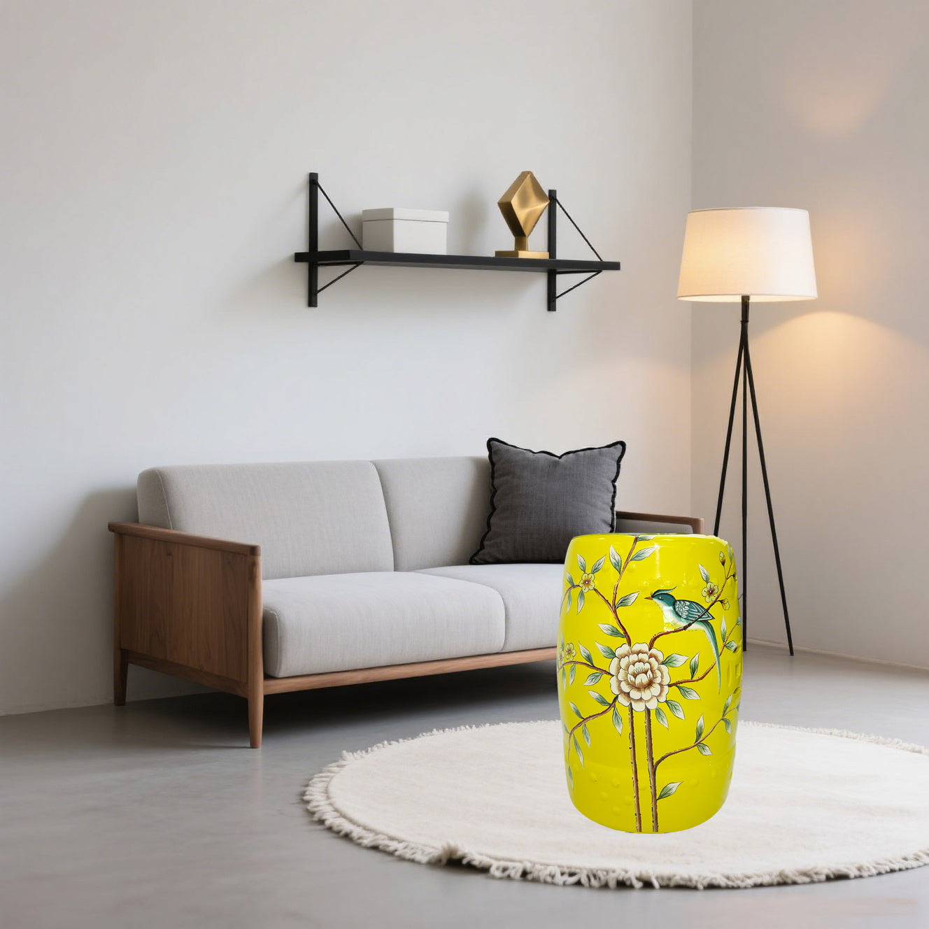 Vibrant Yellow Floral - Bird Ceramic Drum Stool