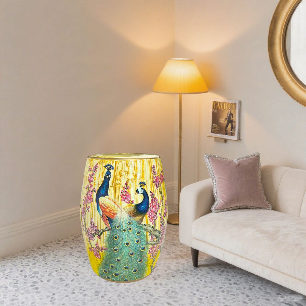 Golden Peacock Ceramic Drum Stool