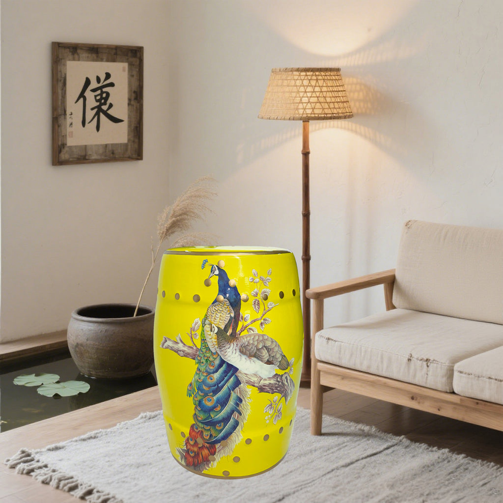 Peacock - Themed Yellow Ceramic Drum Stool