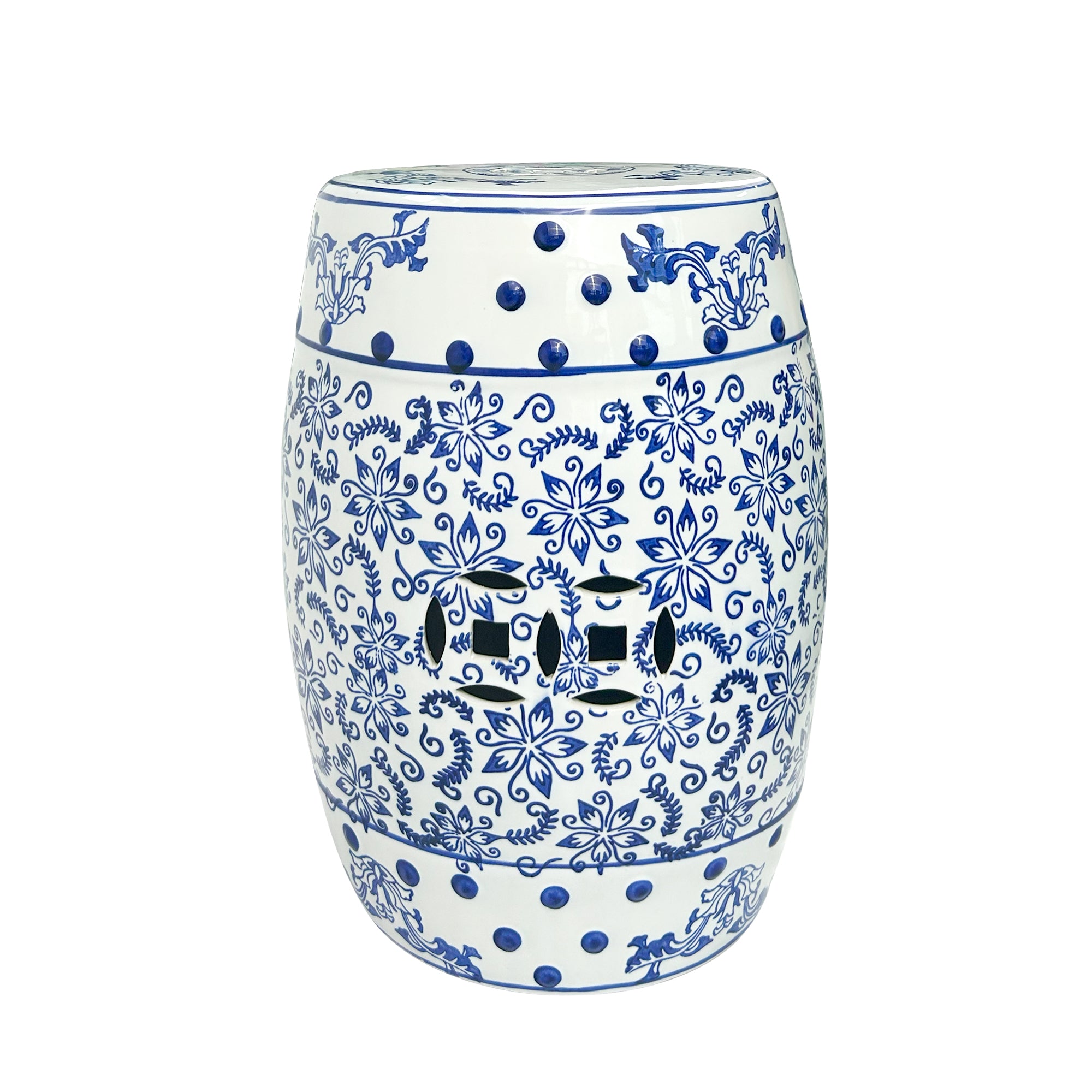 Blue - and - White Porcelain Drum Stool with Interlocking Branch Pattern