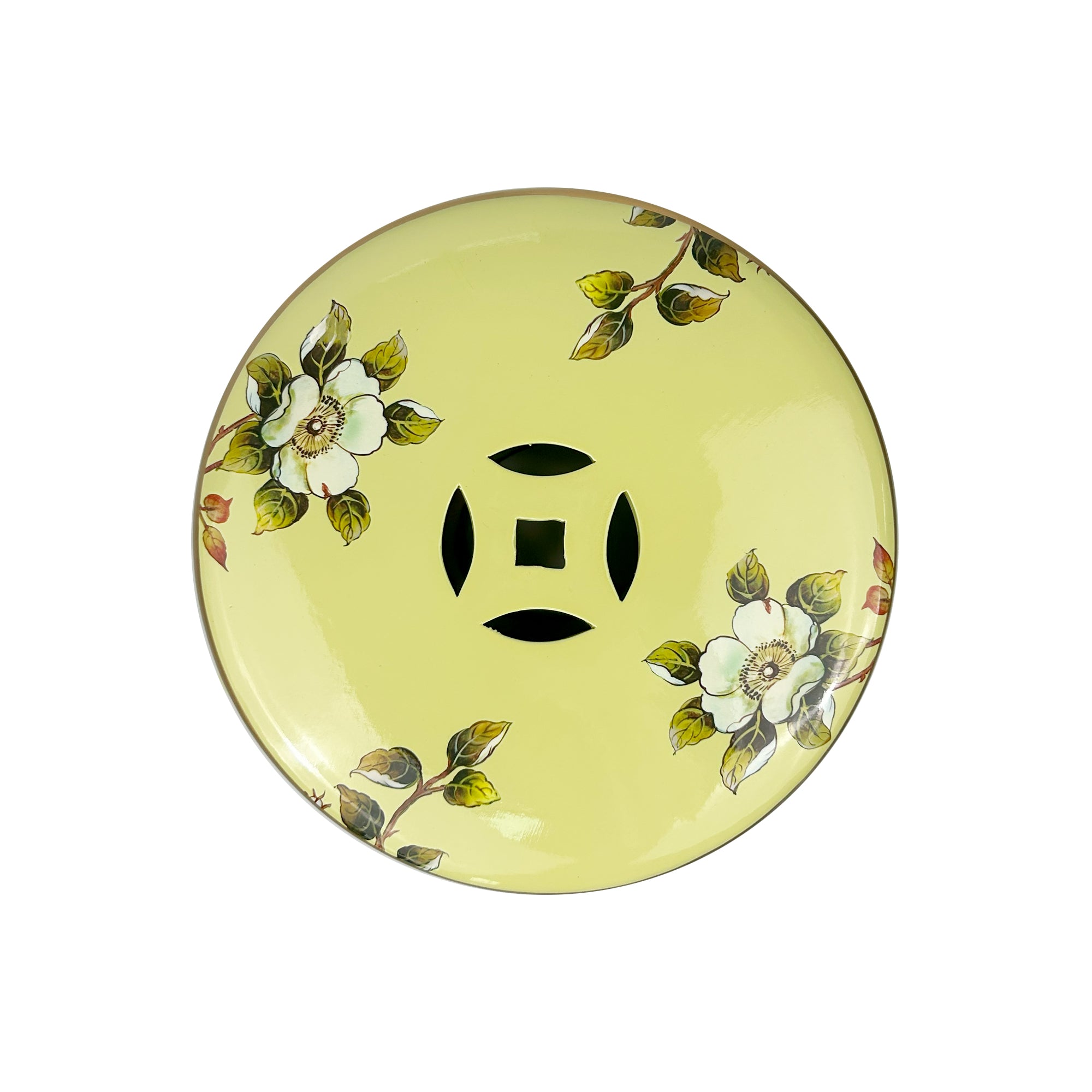 Vintage-inspired Light Green Ceramic Drum Stool with Floral and Bird Motifs & Decorative Cut-outs