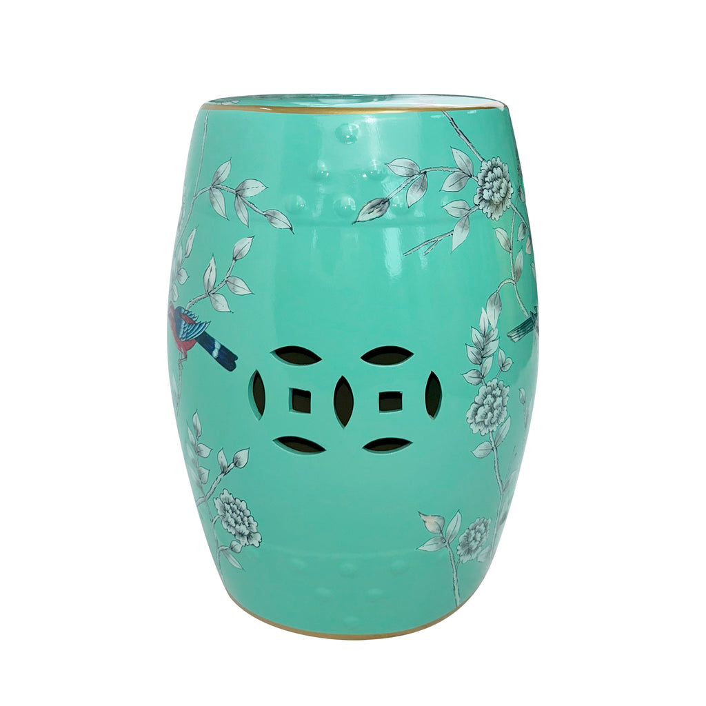 Turquoise Floral - Bird Ceramic Drum Stool