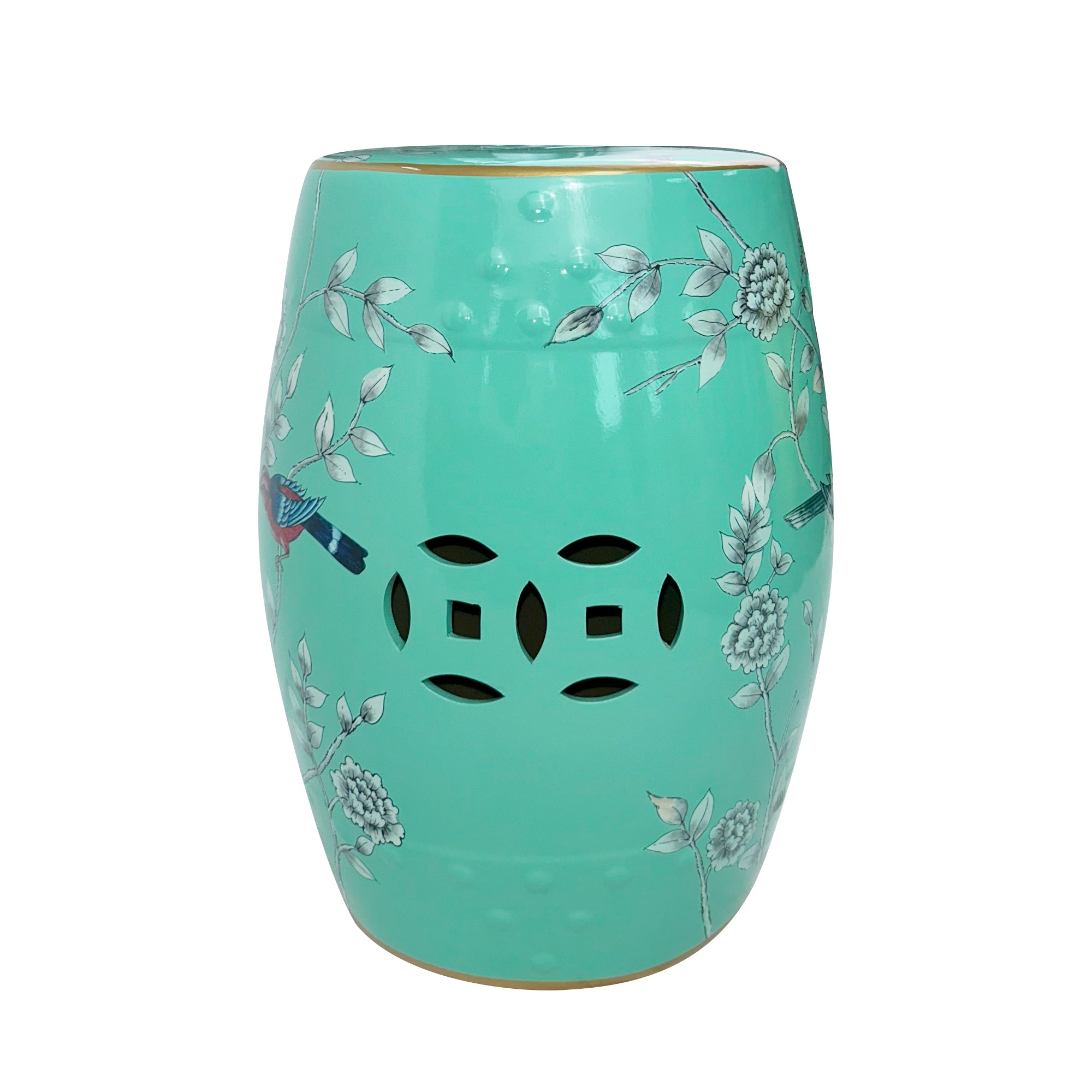 Turquoise Floral - Bird Ceramic Drum Stool