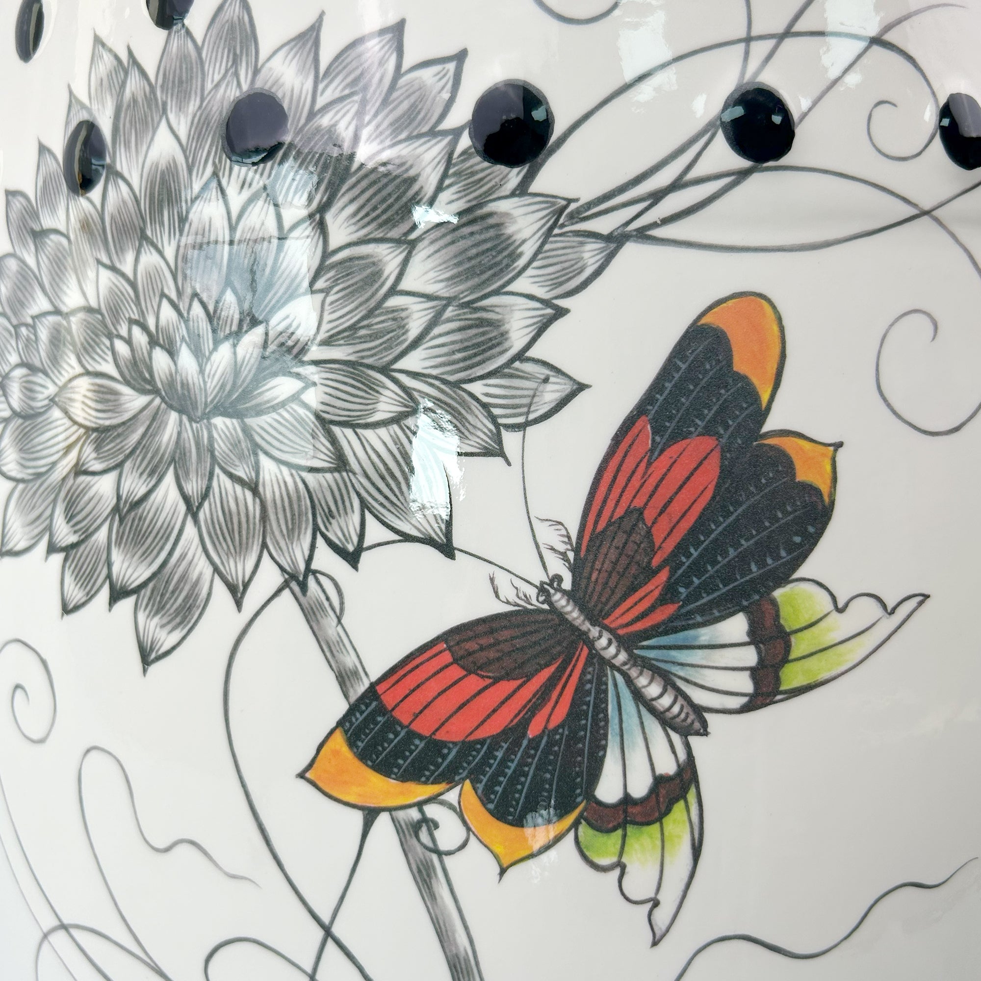Butterfly & Floral Ceramic Drum Stool