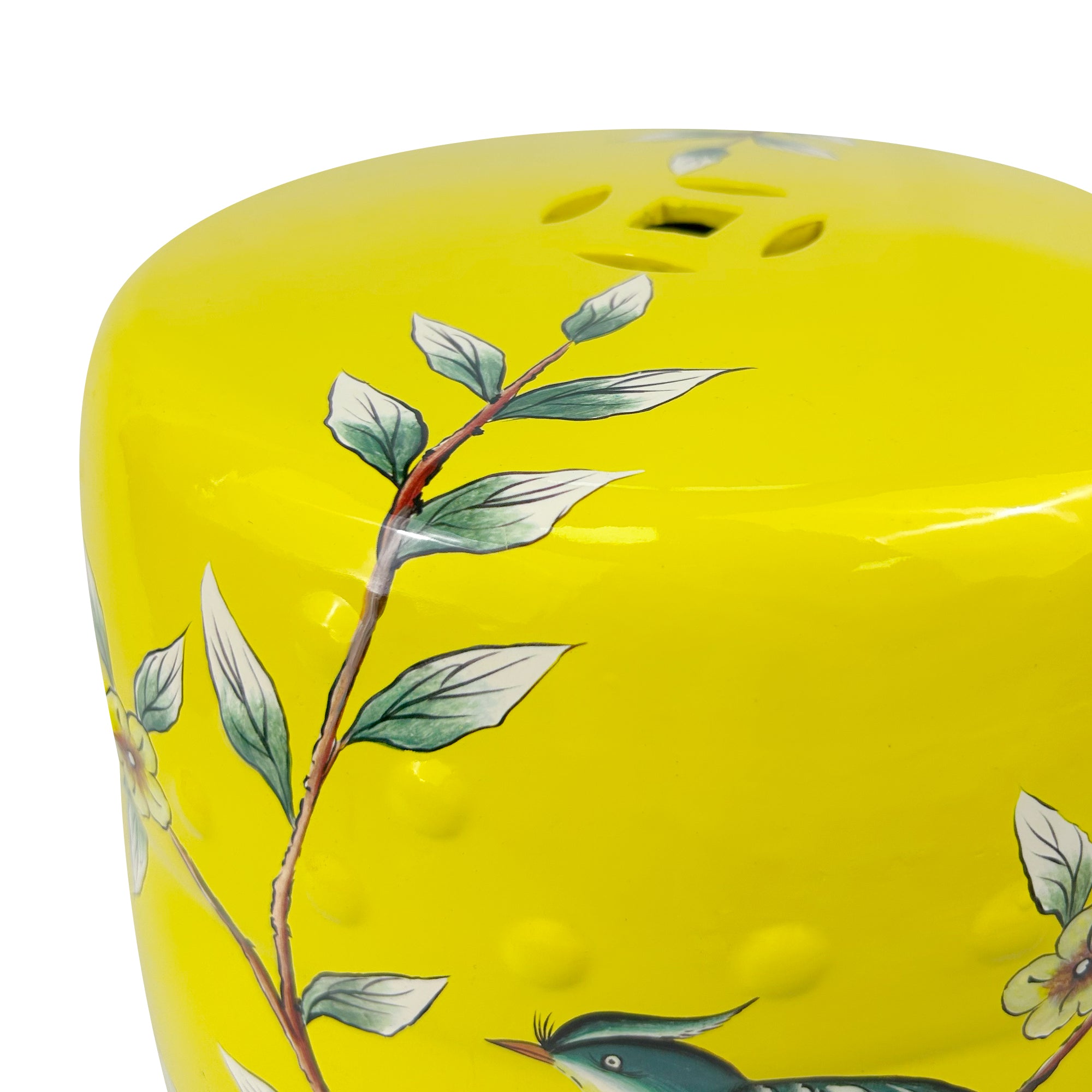 Vibrant Yellow Floral - Bird Ceramic Drum Stool