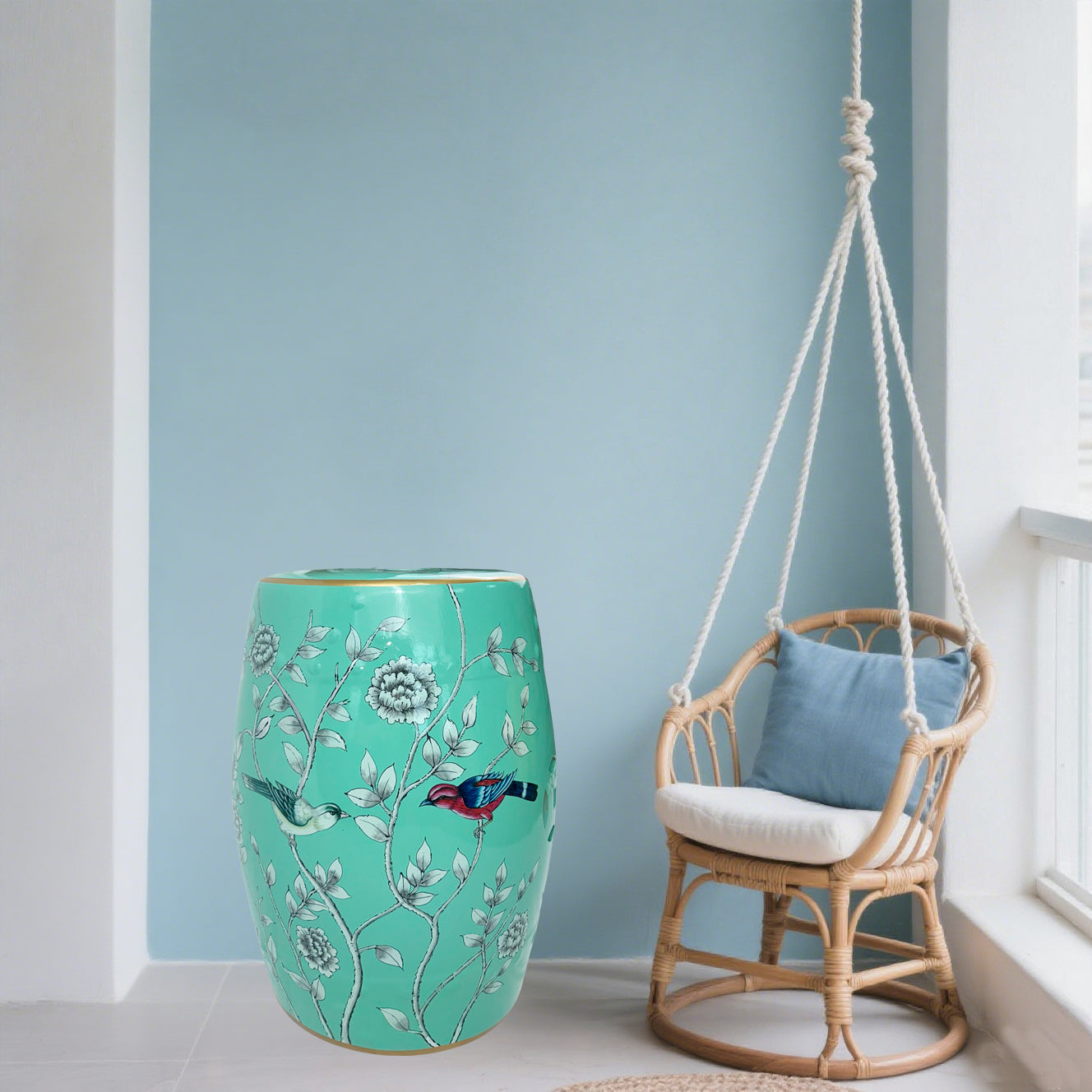 Turquoise Floral - Bird Ceramic Drum Stool